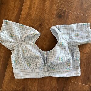 Checkered Blue Cotton Crop Top Saree Blouse floral cottage fairy pastel country